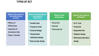 6
TYPES OF RCT
Based on the aspects of
interventions being
evaluated
• Efficacy Vs
Effectiveness
• Superiority Vs
Equivalence trials
• Phase I, II, III trials
Based on how participants
are exposed to
interventions
• Parallel trials
• Crossover trials
• Factorial design
• Randomized
withdrawal design
• Early escape design
Based on the
participants
• Clinical trial
• Field trial
• Community trial
Based on the number of
participants
• N of 1 trial
• Fixed trial
• Sequential trial
• Adaptive design
• Risk based allocation
design
 