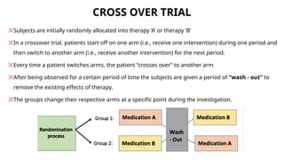 CROSS OVER TRIAL
Subjects are initially randomly allocated into therapy ‘A’ or therapy ‘B’
In a crossover trial, patients start off on one arm (i.e., receive one intervention) during one period and
then switch to another arm (i.e., receive another intervention) for the next period.
Every time a patient switches arms, the patient “crosses over” to another arm
After being observed for a certain period of time the subjects are given a period of “wash - out” to
remove the existing effects of therapy.
The groups change their respective arms at a specific point during the investigation.
 