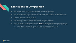 ● No iteration. No conditionals. No templates.
● No advanced logic other than simple patch & transforms
● List of resources is static
● No ability to call external APIs to get values
● and others…composition is not a programming language
○ We didn’t want to grow a DSL expressed in YAML
Limitations of Composition
 