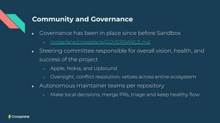 ● Governance has been in place since before Sandbox
○ crossplane/crossplane/GOVERNANCE.md
● Steering committee responsible for overall vision, health, and
success of the project
○ Apple, Nokia, and Upbound
○ Oversight, conﬂict resolution, vetoes across entire ecosystem
● Autonomous maintainer teams per repository
○ Make local decisions, merge PRs, triage and keep healthy ﬂow
Community and Governance
 