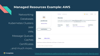 Managed Resources Example: AWS
https://marketplace.upbound.io/providers/upbound/provider-family-aws
Networking
Databases
Kubernetes Clusters
IAM
VMs
Message Queues
Caches
Certiﬁcates
…and much more…
 