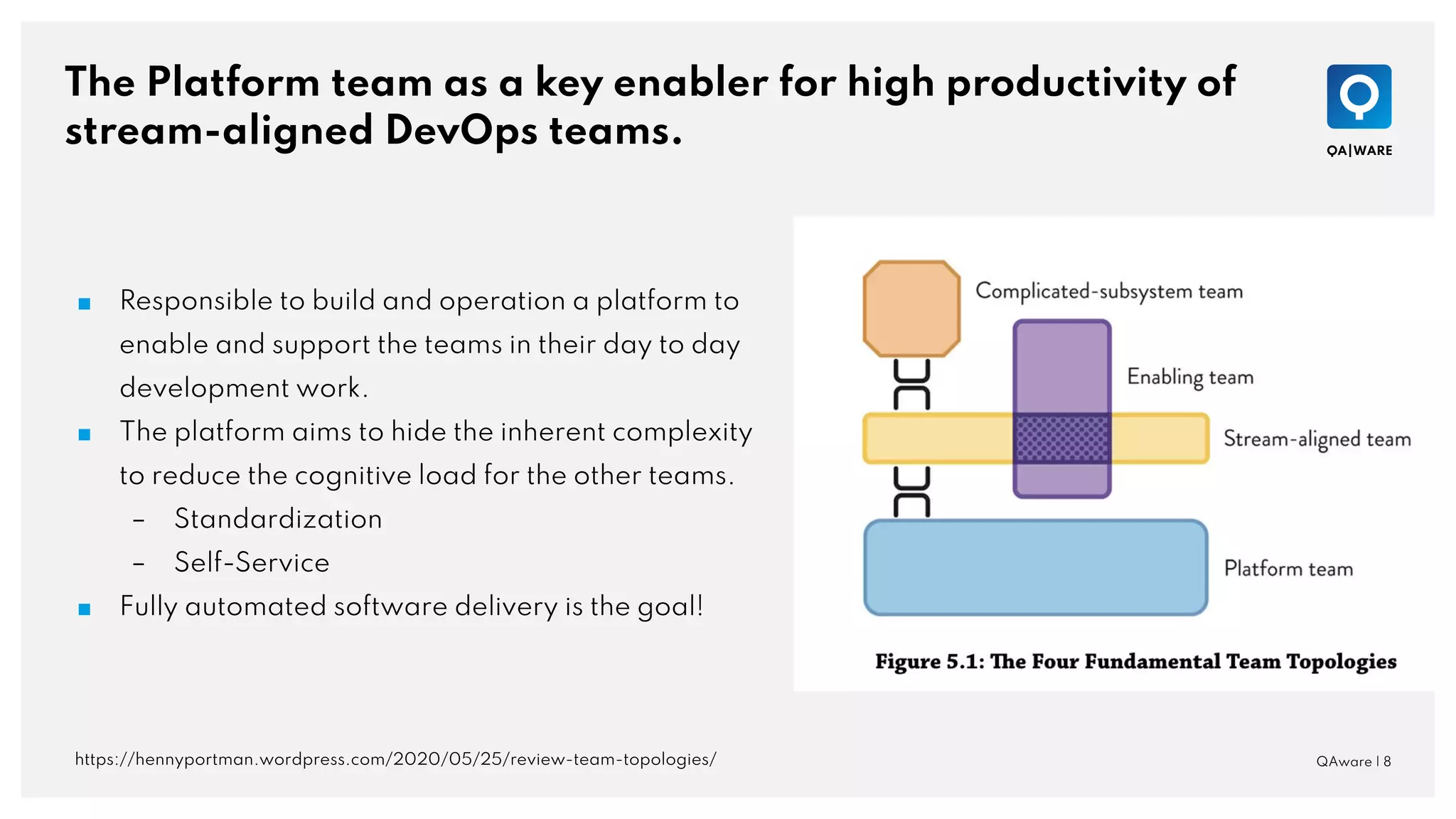 The Platform team as a key enabler for high productivity of
stream-aligned DevOps teams.
QAware | 8
■ Responsible to build and operation a platform to
enable and support the teams in their day to day
development work.
■ The platform aims to hide the inherent complexity
to reduce the cognitive load for the other teams.
– Standardization
– Self-Service
■ Fully automated software delivery is the goal!
https://hennyportman.wordpress.com/2020/05/25/review-team-topologies/
 
