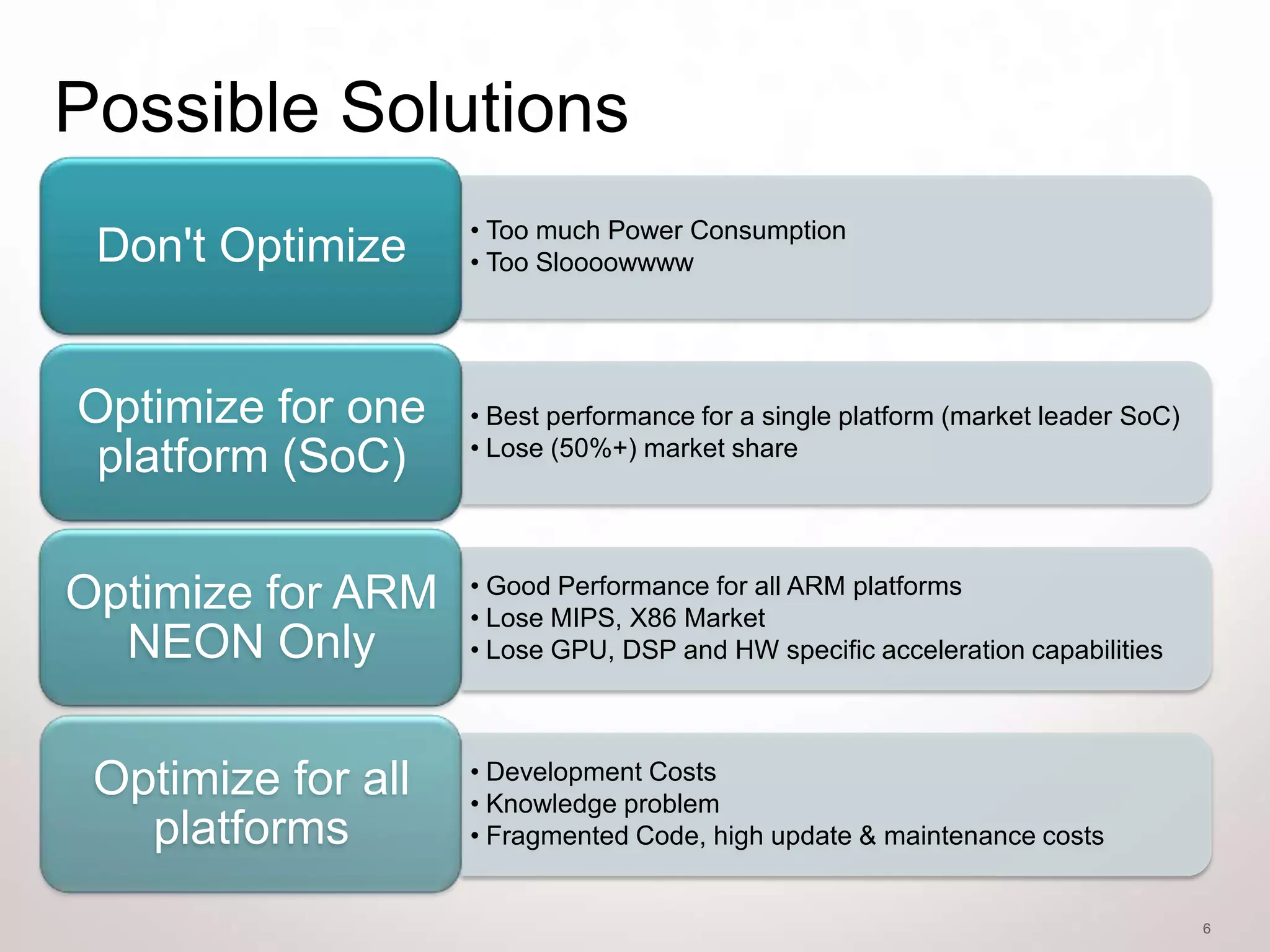 Possible Solutions
                    • Too much Power Consumption
 Don't Optimize     • Too Sloooowwww




Optimize for one    • Best performance for a single platform (market leader SoC)
                    • Lose (50%+) market share
 platform (SoC)

                    • Good Performance for all ARM platforms
Optimize for ARM    • Lose MIPS, X86 Market
  NEON Only         • Lose GPU, DSP and HW specific acceleration capabilities



                    • Development Costs
 Optimize for all   • Knowledge problem
   platforms        • Fragmented Code, high update & maintenance costs


                                                                                   6
 