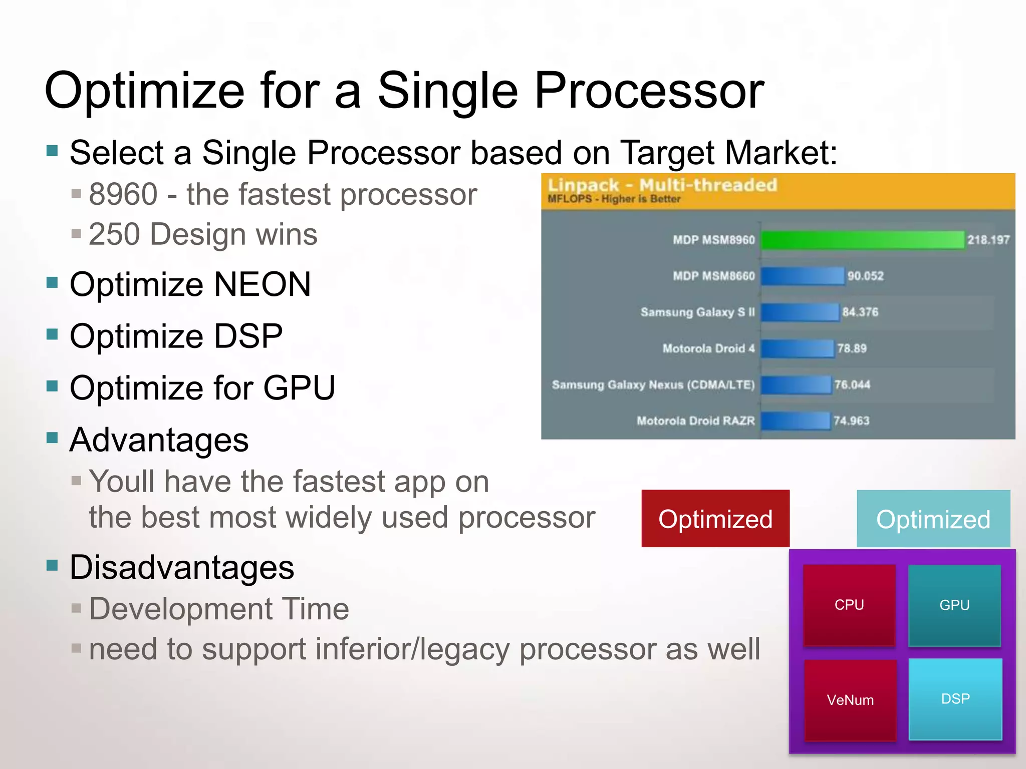 Optimize for a Single Processor
 Select a Single Processor based on Target Market:
  8960 - the fastest processor
  250 Design wins
 Optimize NEON
 Optimize DSP
 Optimize for GPU
 Advantages
  Youll have the fastest app on
   the best most widely used processor      Optimized           Optimized
 Disadvantages
  Development Time                                     CPU         GPU


  need to support inferior/legacy processor as well
                                                        VeNum        DSP


                                                                           8
 