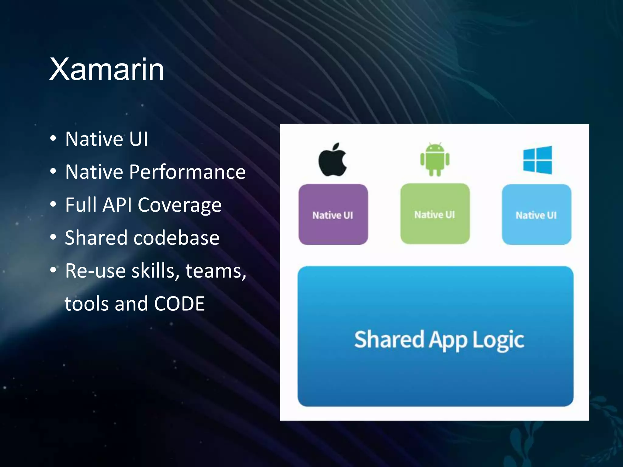 Xamarin • • • • • Native UI Native Performance Full API Coverage Shared codebase Re-use skills, teams, tools and CODE 