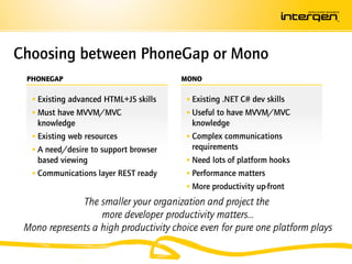 Choosing between PhoneGap or Mono
 PHONEGAP                               MONO

    Existing advanced HTML+JS skills     Existing .NET C# dev skills
    Must have MVVM/MVC                   Useful to have MVVM/MVC
     knowledge                             knowledge
    Existing web resources               Complex communications
    A need/desire to support browser      requirements
     based viewing                        Need lots of platform hooks
    Communications layer REST ready      Performance matters
                                          More productivity up-front
              The smaller your organization and project the
                   more developer productivity matters…
 Mono represents a high productivity choice even for pure one platform plays
 