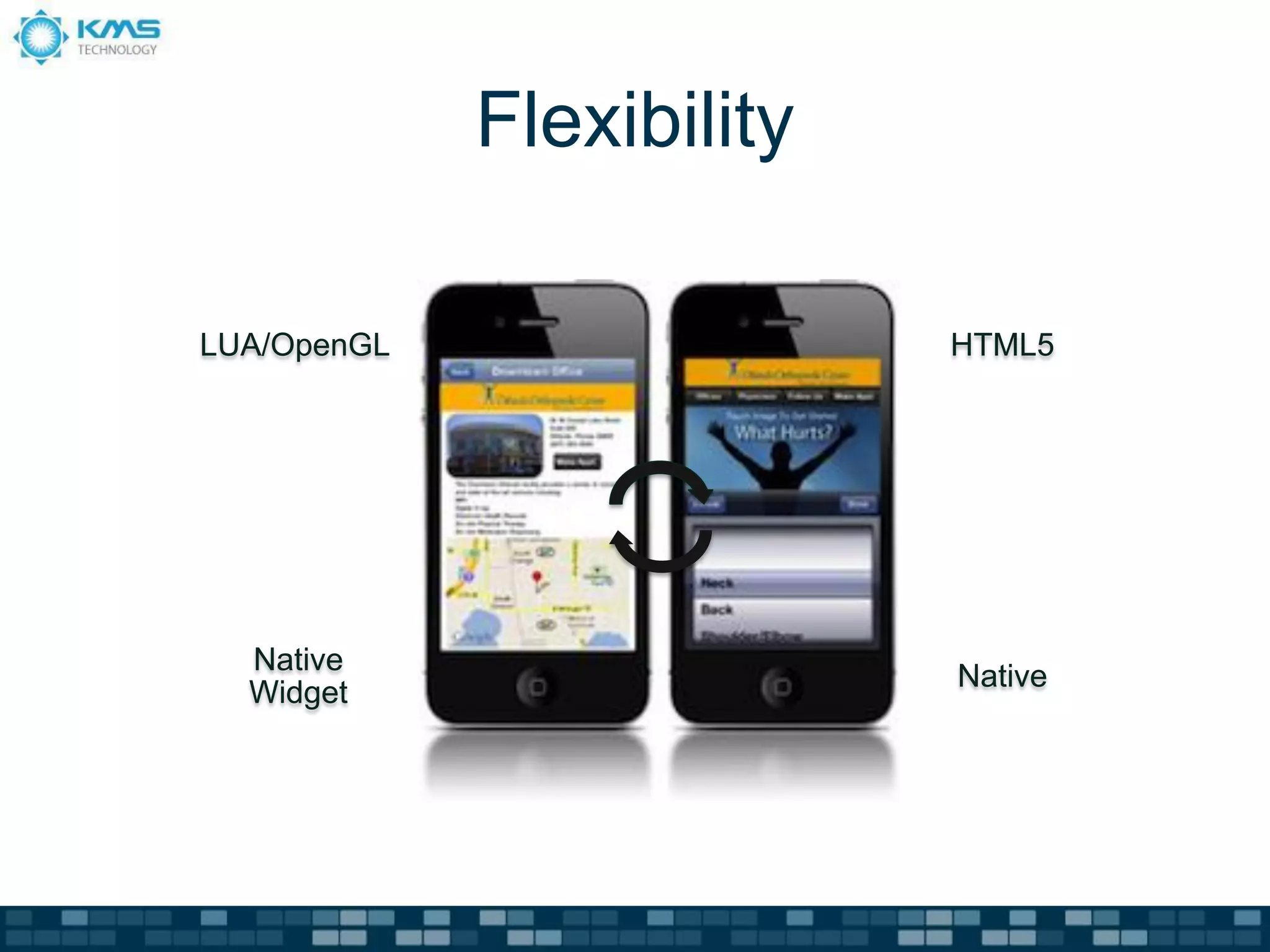 Flexibility

LUA/OpenGL                 HTML5




  Native
                           Native
  Widget
 