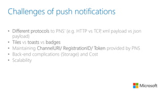 Challenges of push notifications
• Different protocols to PNS’ (e.g. HTTP vs TCP, xml payload vs json
payload)
• Tiles vs toasts vs badges
• Maintaining ChannelURI/ RegistrationID/ Token provided by PNS
• Back-end complications (Storage) and Cost
• Scalability
 