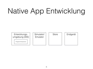 Native App Entwicklung
Entwicklungs-
umgebung (IDE)
Programmiersprache
Simulator/
Emulator
Store Endgerät
5
 
