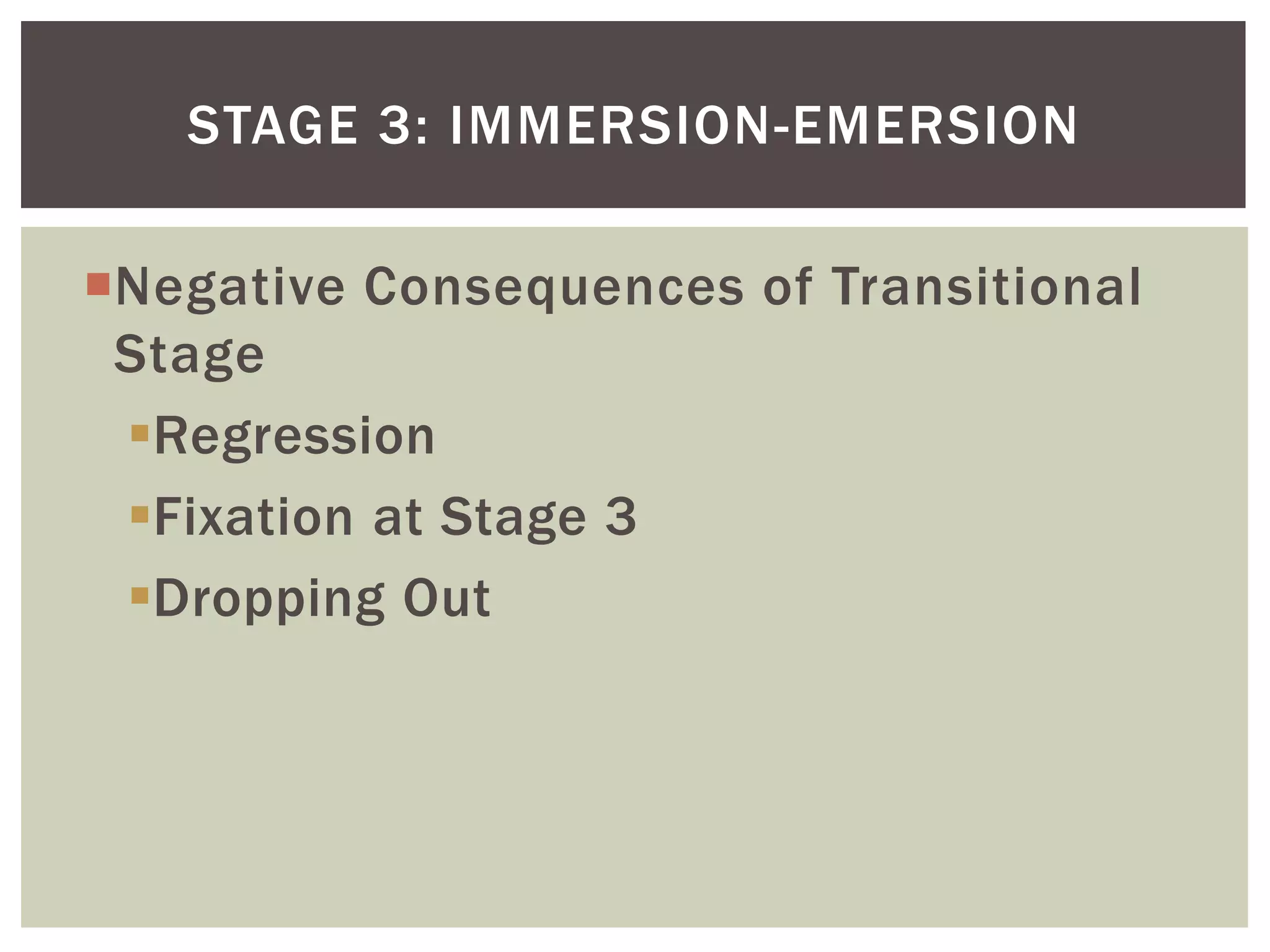 Negative Consequences of Transitional StageRegressionFixation at Stage 3Dropping OutStage 3: Immersion-Emersion 