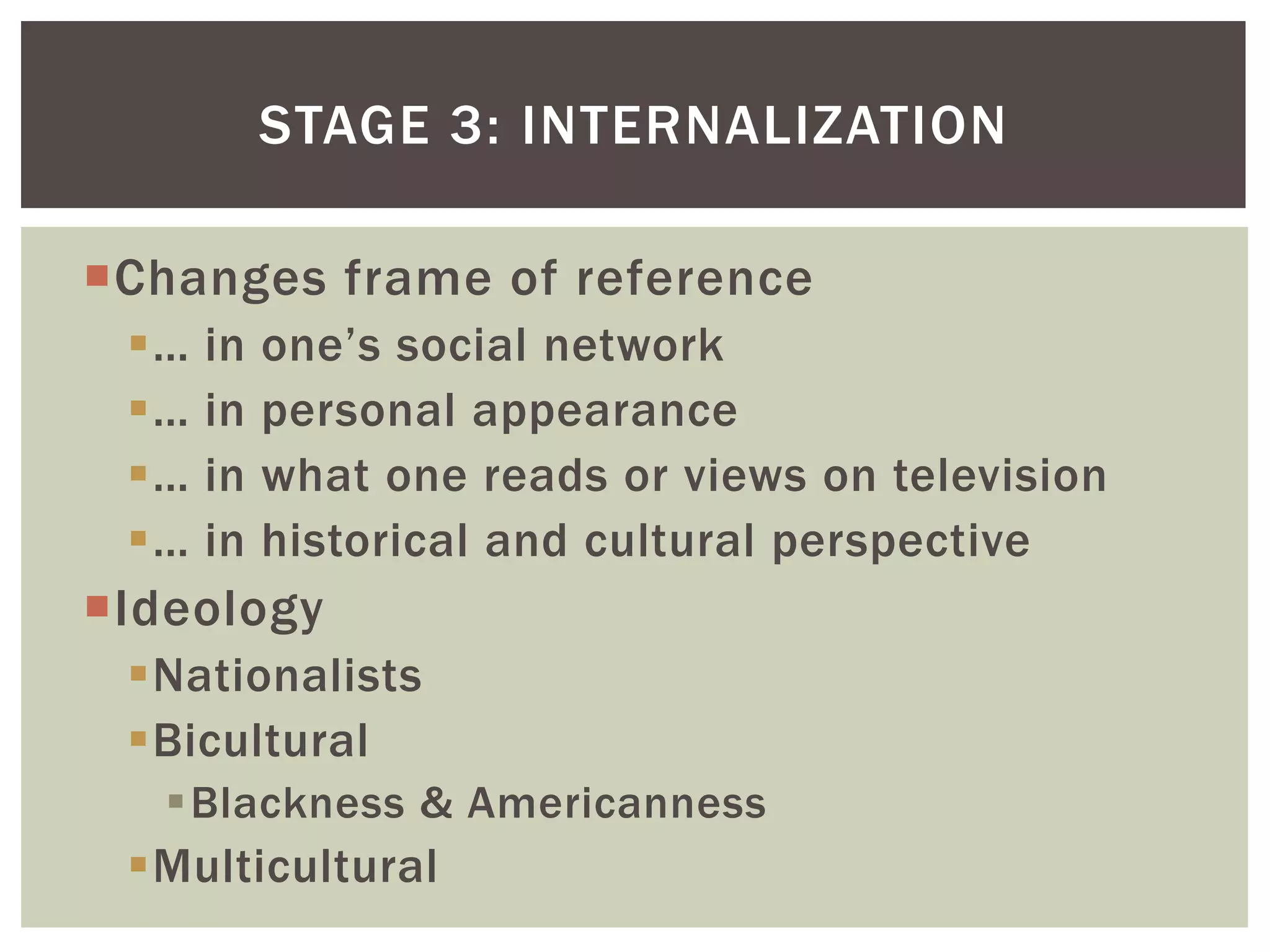 Changes frame of reference… in one’s social network… in personal appearance… in what one reads or views on television… in historical and cultural perspectiveIdeologyNationalistsBiculturalBlackness & AmericannessMulticulturalStage 3: INternalization