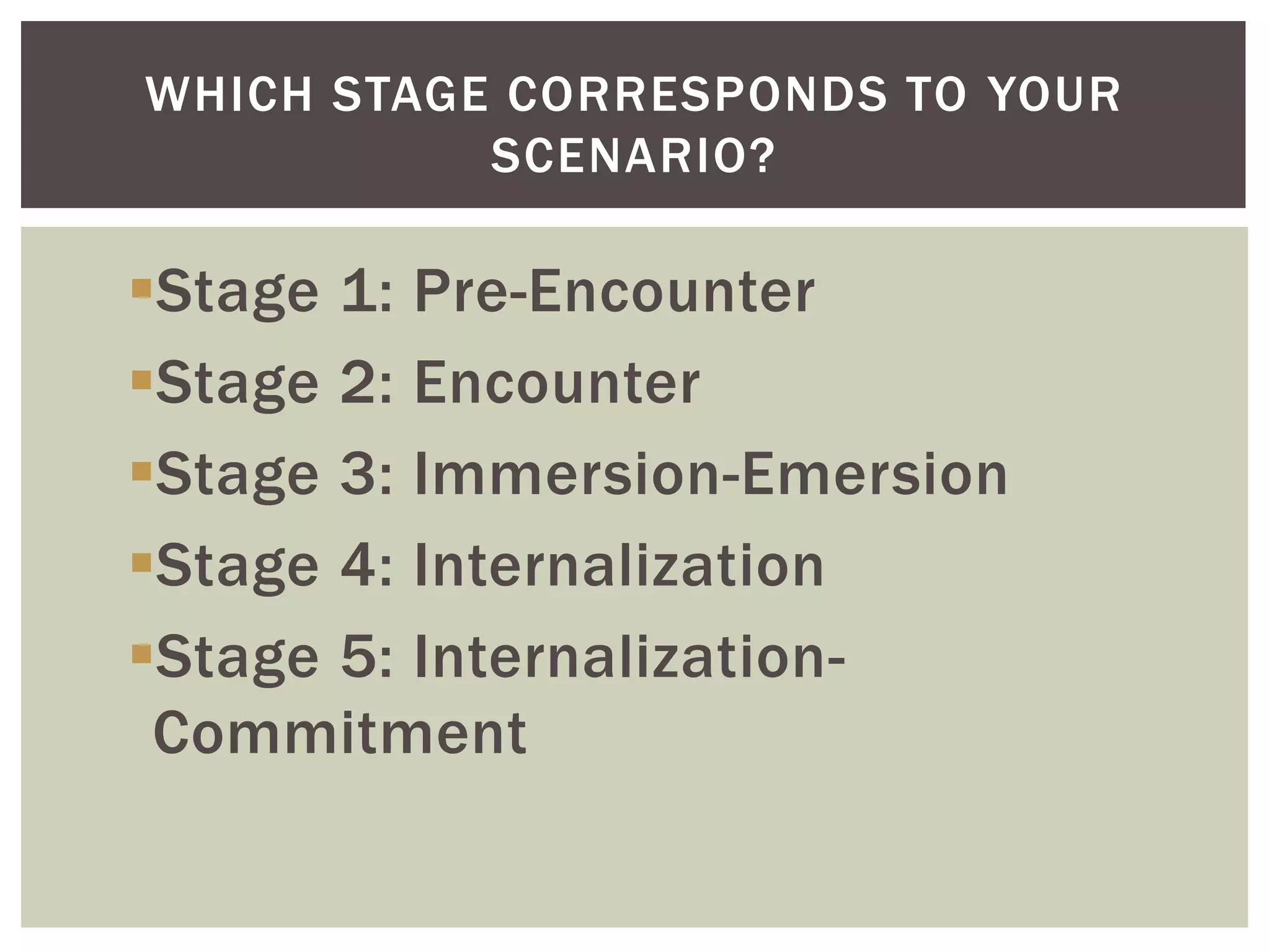 Stage 1: Pre-EncounterStage 2: EncounterStage 3: Immersion-EmersionStage 4: InternalizationStage 5: Internalization-CommitmentWhich stage corresponds to your scenario?