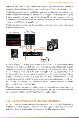 3/ Basic Concepts of Digital DJing
19
and so on. To be able to use external audio sources your audio interface needs to
be equipped with at least one input that you can connect the external source to.
The MixVibes audio interface U46MK2 for example provides two stereo inputs that
can be used to connect external devices and to integrate them into your setup. As
Cross is basically built on a setup with two players/decks, you can use a maximum
of two external audio sources at the same time. The external devices are internally
routed to one of the two Cross players.
The following figure illustrates the signal flow in internal mixing mode when using
external audio sources.
Cross Player A/B
Cross Mixer
(Cue, Gain, EQ, FX)
INPUT OUTPUT
L
1/2 1/2 3/43/4
LR R L LR R
Mix Cue
L
R
Cue Signal
Mix Signal
USB
CD Audio
to Player A
In this example a CD player is connected to the inputs 1/2 of the audio interface.
The input mode of player A (left part of the mixer panel) was set to Line In. You can
change the input mode by clicking on the letter A or B in the Cross mixer. When
the input mode is set to Line In the audio coming from the CD player is routed into
the Cross mixer and you can use the equalizer, the Cue button and the FX from
player A to modify the incoming CD audio. Once the audio from the external source
is inside the mixer the rest of the game is identical to using both players with me-
dia files: the Cross mixer sends the Mix out signal and the Cue signal to the two
output ports of your audio interface.
Of course, you can use external audio sources in external mixer mode as well. In
external mixing mode the incoming audio is passed through to the audio interface
output, making a little detour through the Cross audio engine.
3.3	 Using Timecode to control Playback
Another choice you have with Cross is using control vinyl or control CDs to control
playback of the two players. In this timecode setup you will still play your digital
audio files, but the playback of the files is controlled by timecode media.
 