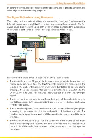 3/ Basic Concepts of Digital DJing
22
on before the initial sound comes out of the speakers and to provide some helpful
knowledge for troubleshooting purposes.
The Signal Path when using Timecode
When using control media with timecode information the signal flow between the
different components is slightly different than in a setup without timecode. The fol-
lowing figure illustrates the signal path of the timecode signal and the audio signal
when Cross is configured for timecode usage with an external mixer.
Timecode
Timecode
Audio
Audio
MixerUSB
In this setup the signal flows through the following four stations:
•	 The turntable and the CD player in the figure send timecode data to the con-
nected audio interface, here the U46MK2. Both devices are connected to the
inputs of the audio interface. Even when using turntables do not use phono
preamps; if you use an audio interface with a Line/Phono input switch like the
U46MK2, set it to Line. This ensures that Cross can deal with the raw input
signal:
•	 The incoming timecode data is sent from the inputs of the audio interface via
the USB connection to Cross and inside Cross to the players that are configured
for timecode usage.
•	 The timecode engine of Cross modifies the audio signal of the assigned player
according to the tempo and direction and position of the timecode data. The
resulting audio signal is sent via the USB connection to the outputs of the audio
interface.
•	 The outputs of the audio interface are connected to the inputs of the mixer
where the audio signal is received. For both timecode vinyl and timecode CDs
the outputs of the audio interface need to be connected to the Line inputs of
the mixer.
 