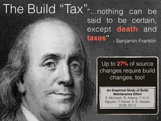 “...nothing can be
said to be certain,
except death and
taxes” - Benjamin Franklin
The Build “Tax”
An Empirical Study of Build
Maintenance Effort
S. McIntosh, B. Adams, T. H. D.
Nguyen, Y. Kamei, A. E. Hassan
[ICSE 2011]
Up to 27% of source
changes require build
changes, too!
5
 