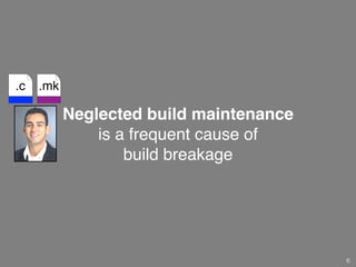 Neglected build maintenance
is a frequent cause of
build breakage
6
.c .mk
 