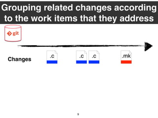 Grouping related changes according
to the work items that they address
.c .c .c
Changes
.mk
9
 