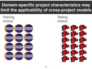 15
Domain-speciﬁc project characteristics may
limit the applicability of cross-project models
Training
corpus
Testing
corpus
 