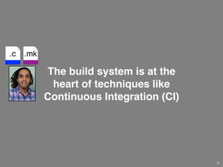 The build system is at the
heart of techniques like
Continuous Integration (CI)
4
.c .mk
 