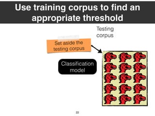 Set aside the
testing corpus
22
Training
corpus
Testing
corpus
Classiﬁcation
model
Use training corpus to ﬁnd an
appropriate threshold
 