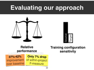 34
Evaluating our approach
Relative
performance
Source
Target
37%-42%
improvement
over baseline
Only 7% drop
of within-project
F-measure
Training conﬁguration
sensitivity
 