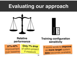 34
Evaluating our approach
Relative
performance
Source
Target
37%-42%
improvement
over baseline
Only 7% drop
of within-project
F-measure
Training conﬁguration
sensitivity
F-score tends to improve
as more target system
data becomes available
 
