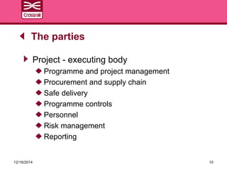 Project - executing body
Programme and project management
Procurement and supply chain
Safe delivery
Programme controls
Personnel
Risk management
Reporting
The parties
12/18/2014 10
 