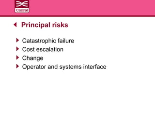 Catastrophic failure
Cost escalation
Change
Operator and systems interface
Principal risks
 
