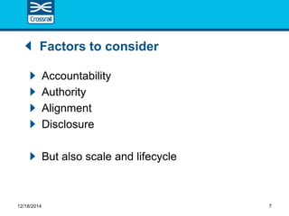 Factors to consider
Accountability
Authority
Alignment
Disclosure
But also scale and lifecycle
12/18/2014 7
 