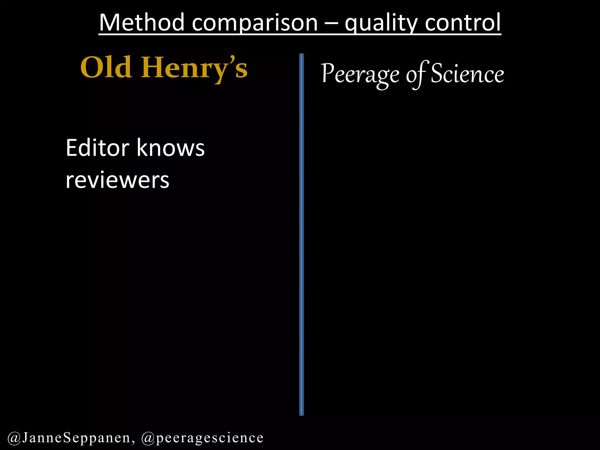 Old Henry’s Peerage of Science
Method comparison – quality control
Editor knows
reviewers
@JanneSeppanen, @peeragescience
 