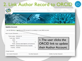 2. Link Author Record to ORCID




               1. The user clicks the
               ORCID link to update
               their Author Account.
 