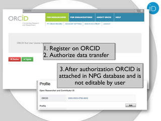 1. Register on ORCID
2. Authorize data transfer

      3. After authorization ORCID is
      attached in NPG database and is
             not editable by user
 