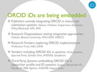 ORCID iDs are being embedded
v Publishers actively integrating ORCID in manuscript
   submission systems: Nature, Hindawi, Copernicus, Epistemio,
  Wiley-Blackwell, APS, APA

v Research Organizations testing integration approaches:
  Caltech, Boston University, NYU SOM, MSKCC

v Research Funders exploring ORCID implementation
  Wellcome Trust, NIH, CIHR

v Vendors including ORCID iDs in systems: Aries Systems,
  eJournal Press, Scholar One, AVEDAS, Symplectic

v Third Party Systems embedding ORCID iDs in
   researcher profile and ID systems: Scopus, Researcher ID,
  Faculty of 1000, figshare, KNODE, Impact Story
 