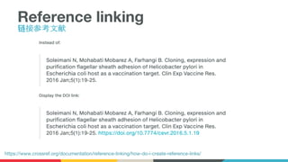 Reference linking
链接参考文献
https://www.crossref.org/documentation/reference-linking/how-do-i-create-reference-links/
 