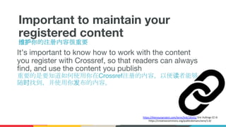 Important to maintain your
registered content
维护你的注册内容很重要
It’s important to know how to work with the content
you register with Crossref, so that readers can always
find, and use the content you publish
重要的是要知道如何使用你在Crossref注册的内容，以便读者能够
随时找到，并使用你发布的内容。
https://thenounproject.com/term/link/18141/ Eric Vullings CC-0:
https://creativecommons.org/publicdomain/zero/1.0/
 