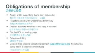 Obligations of membership
会员的义务
● Assign a DOI to anything that’s likely to be cited
为任何可能被引用的内容指定一个DOI
● Register content with Crossref in a timely way
及时向Crossref注册内容
● Deposit accurate metadata - and keep it updated
存放准确的元数据--并保持更新
● Display DOI on landing page
在登陆⻚页面上显示DOI
● Reference linking
链接参考文献
● Content type specific obligations (contact support@crossref.org if you have a
query about a specific content type)
内容类型的具体义务
 