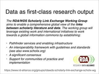 Data as ﬁrst-class research output
The RDA/WDS Scholarly Link Exchange Working Group
aims to enable a comprehensive global view of the links
between scholarly literature and data. The working group will
leverage existing work and international initiatives to work
towards a global information commons by establishing:
• Pathfinder services and enabling infrastructure
• An interoperability framework with guidelines and standards
(see also www.scholix.org)
• A significant consensus
• Support for communities of practice and  
implementation
https://www.rd-alliance.org/groups/rdawds-scholarly-link-exchange-scholix-wg
 
