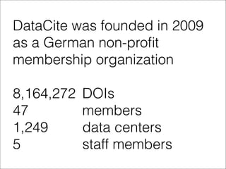 DataCite was founded in 2009
as a German non-proﬁt
membership organization
8,164,272 DOIs
47 members
1,249 data centers
5 staff members
 