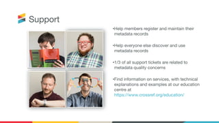 •Help members register and maintain their
metadata records
•Help everyone else discover and use
metadata records
•1/3 of all support tickets are related to
metadata quality concerns
•Find information on services, with technical
explanations and examples at our education
centre at
https://www.crossref.org/education/
Support
 