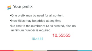 Your preﬁx
•One preﬁx may be used for all content
•New titles may be added at any time
•No limit to the number of DOIs created, also no
minimum number is required.
10.4444
10.55555
 