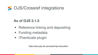 OJS/Crossref integrations
As of OJS 3.1.2
• Reference linking and depositing
• Funding metadata
• iThenticate plugin
https://docs.pkp.sfu.ca/crossref-ojs-manual/en/
 
