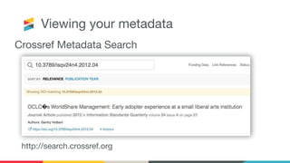 Viewing your metadata
Crossref Metadata Search
http://search.crossref.org
 