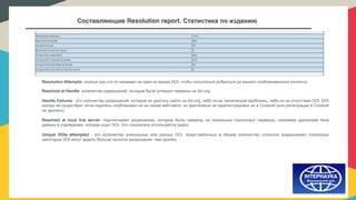 Составляющие Resolution report. Статистика по изданию
Resolution Attempts: сколько раз кто-то нажимал на один из ваших DOI, чтобы попытаться добраться до вашего опубликованного контента.
Resolved at Handle: количество разрешений, которые были успешно найдены на doi.org.
Handle Failures - это количество разрешений, которые не удалось найти на doi.org, либо из-за технической проблемы, либо из-за отсутствия DOI. DOI
иногда не существует, если издатель опубликовал их на своем веб-сайте, но фактически не зарегистрировал их в Crossref (или регистрация в Crossref
не удалась).
Resolved at local link server: подсчитывает разрешения, которые были найдены на локальных ссылочных серверах, например удаленная база
данных в учреждении, которая ищет DOI. Это показатель используется редко.
Unique DOIs attempted - это количество уникальных или разных DOI, представленных в общем количестве «попыток разрешения» (поскольку
некоторые DOI могут видеть больше попыток разрешения, чем другие).
 