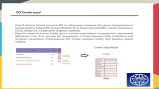 DOI Crawler report
Crossref тестирует большое количество DOI для обеспечения разрешения. Для каждого просканированного
журнала делается выборка DOI, которая составляет 5% от общего количества DOI в журнале (максимум до
50 DOI). Выбранные DOI охватывают префиксы и проблемы.
Результаты заносятся в отчеты Crawler, доступ к которым осуществляется из расширенного представления
«Депозитный отчет». Если заголовок был просканирован, в соответствующем столбце отображается дата
последнего сканирования. Отсканированные DOI, которые генерируют ошибки, будут выделены жирным
шрифтом:
 