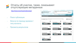 Отчеты об участии, также, показывают
отсутствующие метаданные
• Поиск публикации
• Фильтр по периоду времени /
типу контента
• Просмотр результатов
https://www.crossref.org/members/prep/
 
