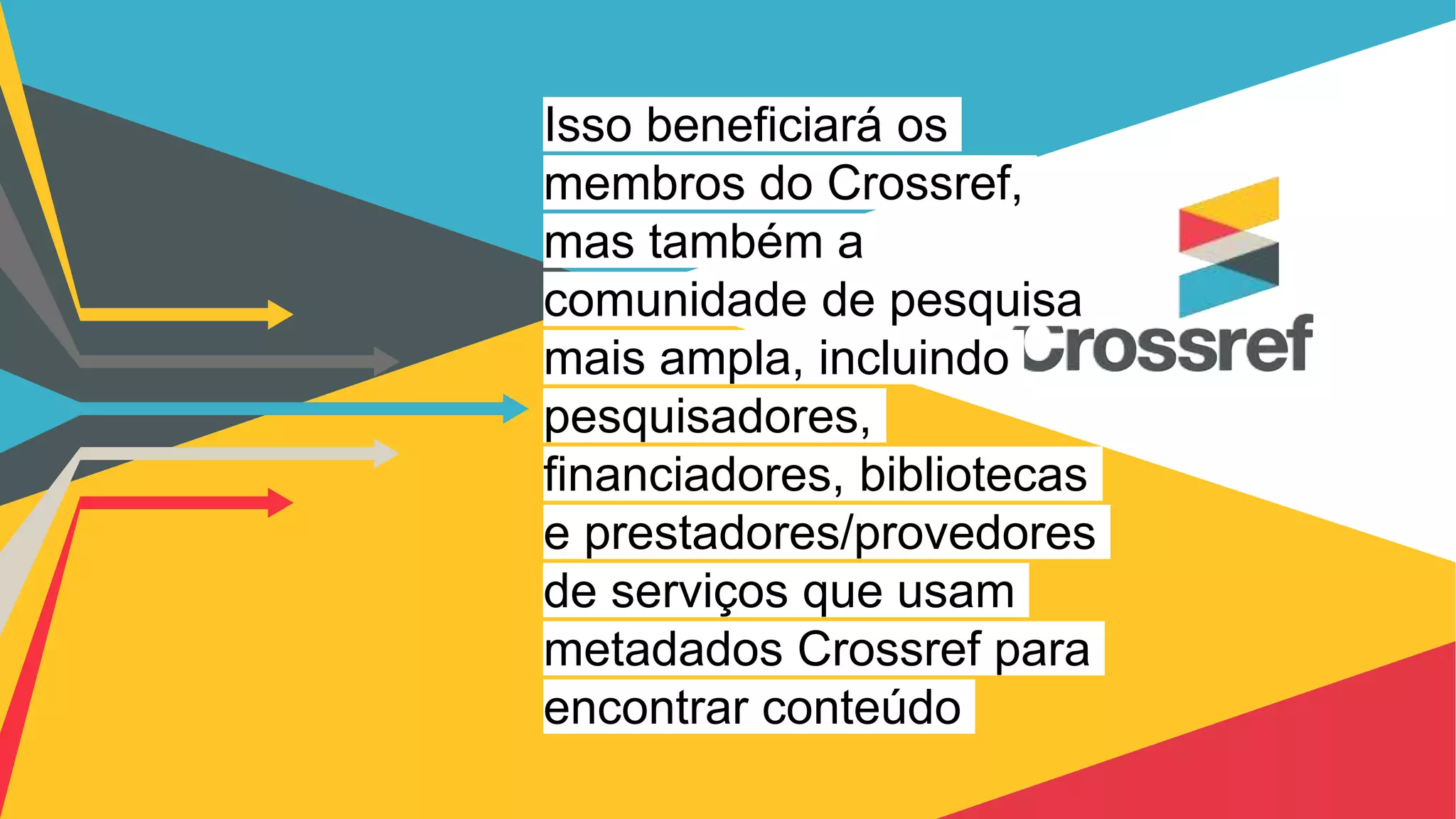 Isso beneficiará os
membros do Crossref,
mas também a
comunidade de pesquisa
mais ampla, incluindo
pesquisadores,
financiadores, bibliotecas
e prestadores/provedores
de serviços que usam
metadados Crossref para
encontrar conteúdo
 