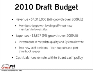 2010 Draft Budget
             •    Revenue - $4,315,000 (6% growth over 2009LE)
                 •    Membership growth leveling oﬀ/most new
                      members in lowest tier

             •    Expenses - $3,827 (9% growth over 2009LE)
                 •    Investments in metadata quality and System Rewrite

                 •    Two new staﬀ positions – tech support and part-
                      time bookkeeper

             •    Cash balances remain within Board cash policy


Thursday, November 12, 2009
 