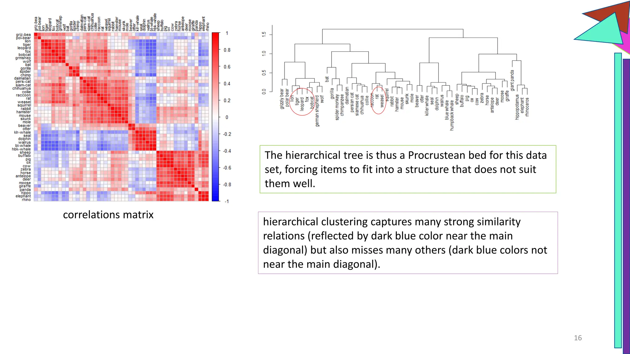 correlations matrix
hierarchical clustering captures many strong similarity
relations (reflected by dark blue color near the main
diagonal) but also misses many others (dark blue colors not
near the main diagonal).
16
The hierarchical tree is thus a Procrustean bed for this data
set, forcing items to fit into a structure that does not suit
them well.
 