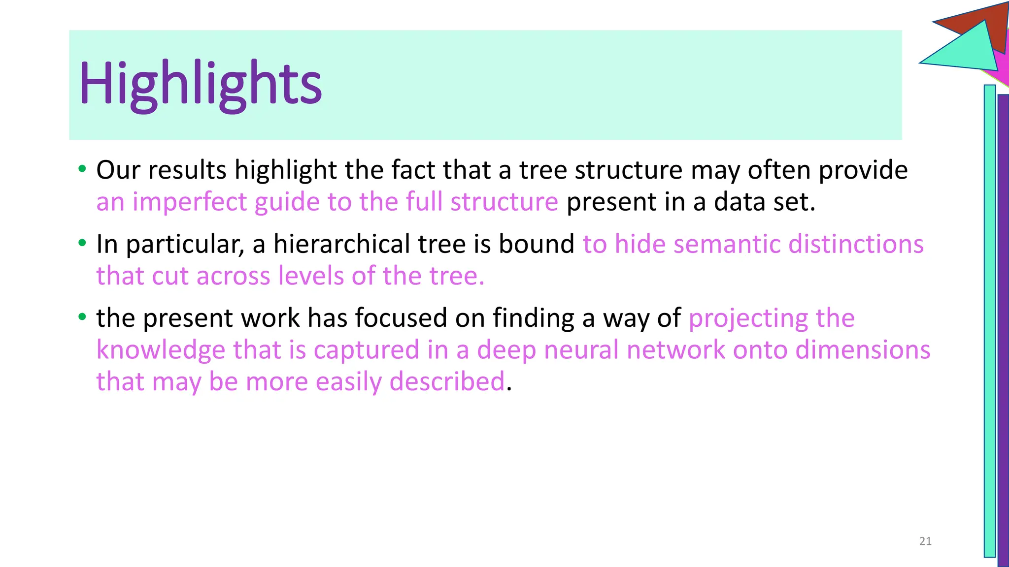 Highlights
• Our results highlight the fact that a tree structure may often provide
an imperfect guide to the full structure present in a data set.
• In particular, a hierarchical tree is bound to hide semantic distinctions
that cut across levels of the tree.
• the present work has focused on finding a way of projecting the
knowledge that is captured in a deep neural network onto dimensions
that may be more easily described.
21
 