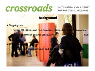 opportunitiesfor laundrySteering CommitteeStockholm City MissionCity of StockholmPublic Employment AgencySalvation ArmyStockholm City MissionFinancingEuropean Social FundVoluntaryco-workersPsychologistsUnit ManagerEmbassiesVoluntaryco-workersTranslatorsVoluntaryco-workersLawyersEU AdvisorsSwedish AuthoritiesEmployersLandlordsSwedish organizationsCultural or ethnicorganizationsLabour union representativesMedical caregiversSocial rehabilitation